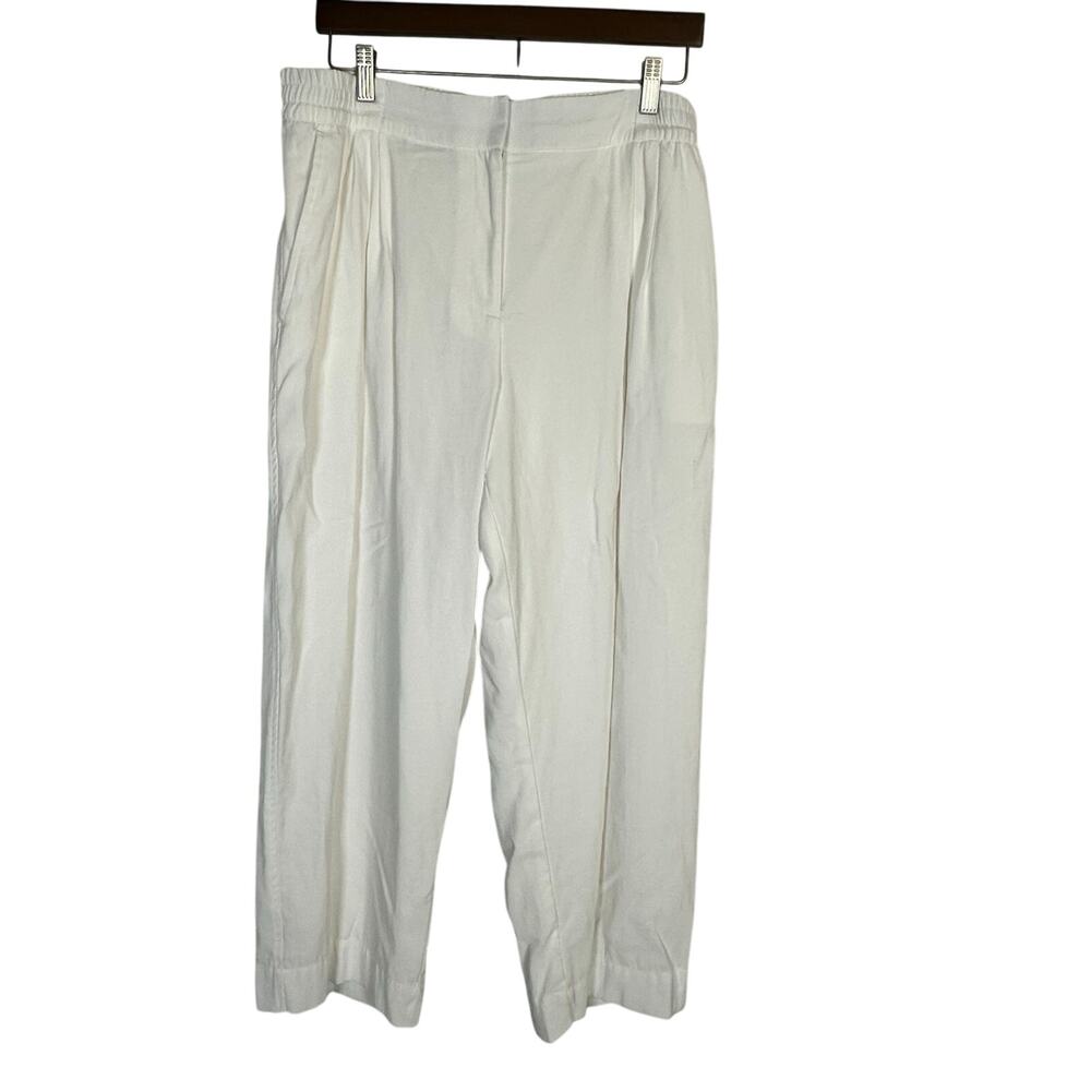 Calvin Klein Women's White Cropped Wide Leg Pants L Elastic Waistband Career